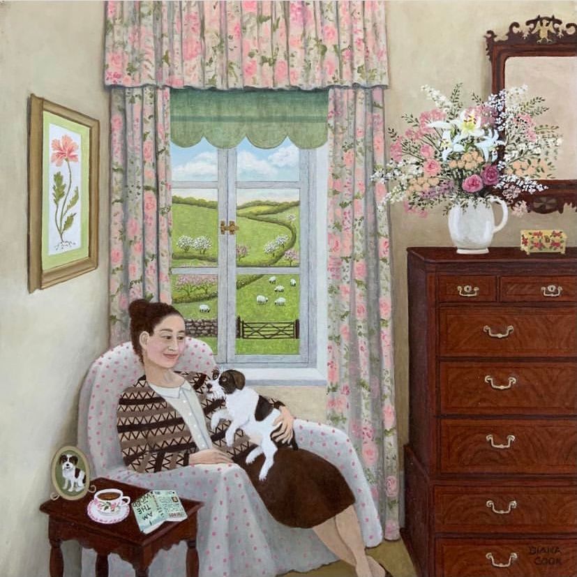 a painting of a woman sitting in a chair holding a dog