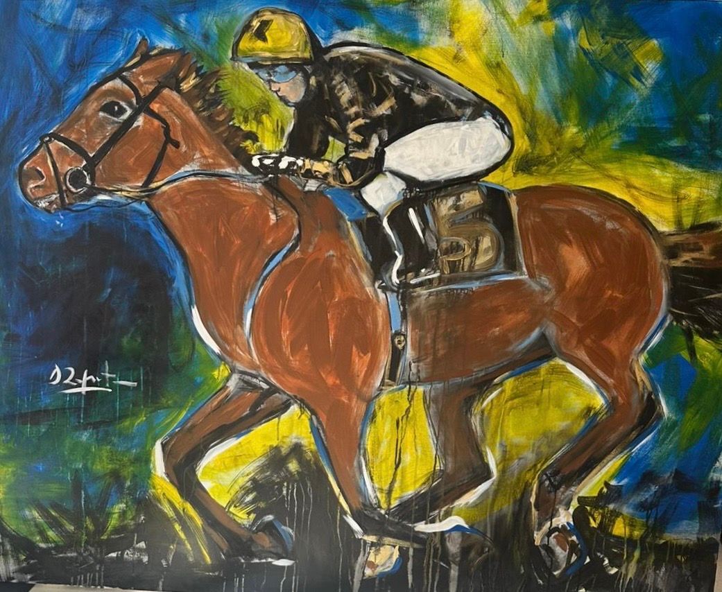 Horse racing: Brown horse and jockey in action, vibrant blues and yellows create a dynamic backdrop.