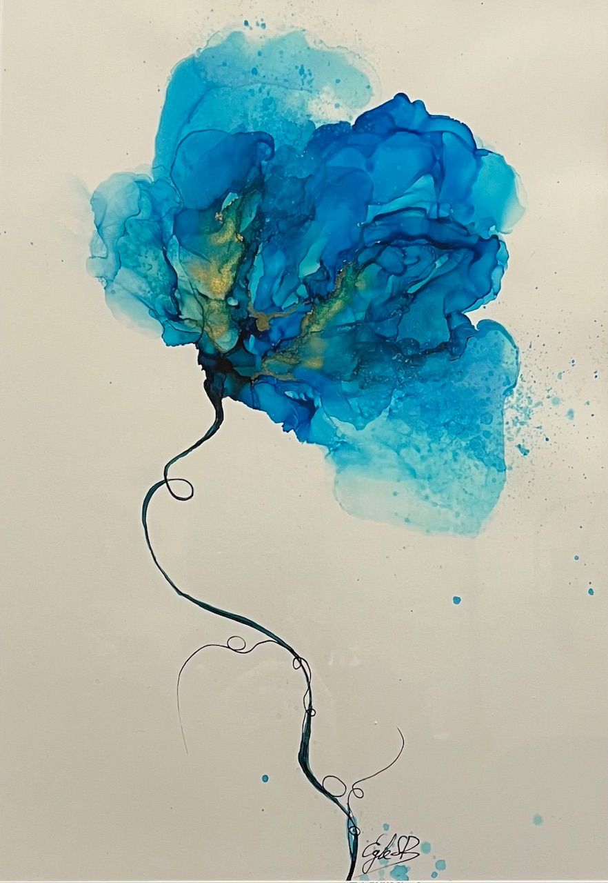 Blue watercolor flower with a delicate stem on a light background.