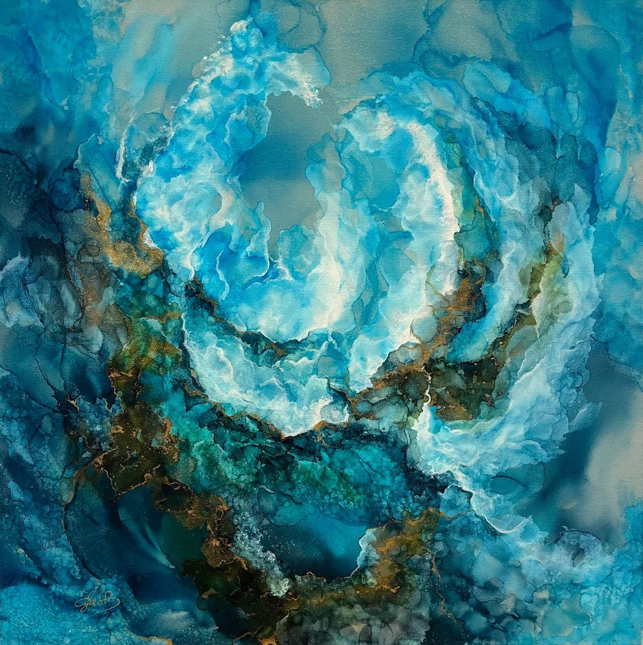 Abstract painting with swirling shades of blue and gold.