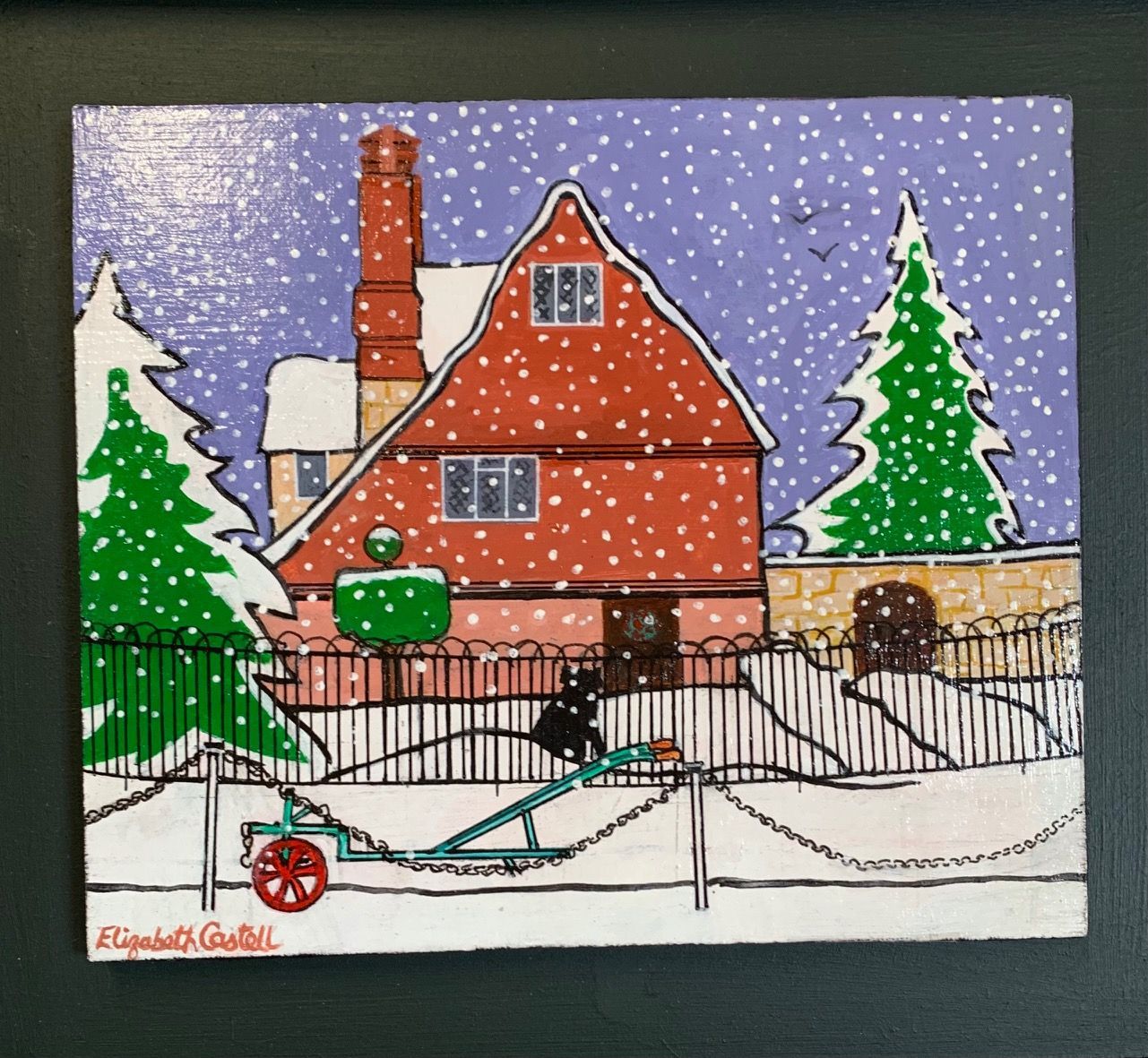 a painting of a house in the snow by elizabeth castell