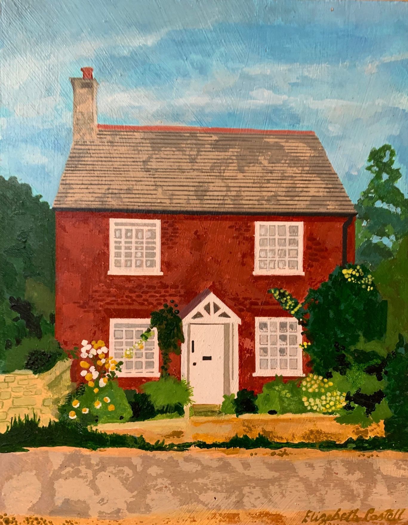 a painting of a red house