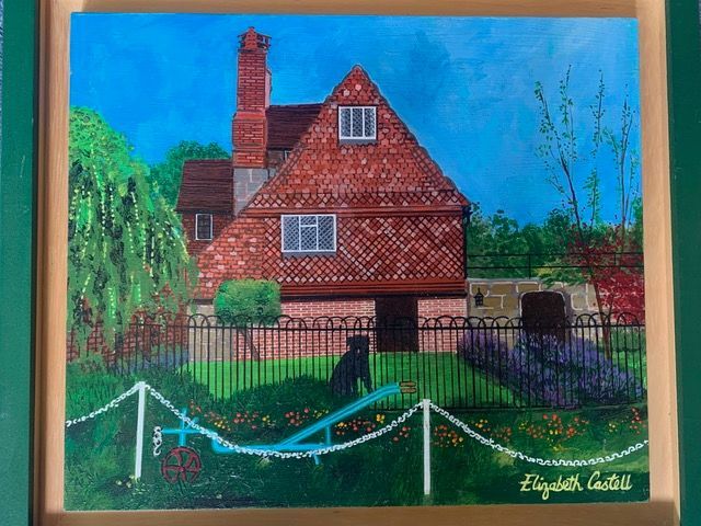 a painting of a house with a dog in front of it .