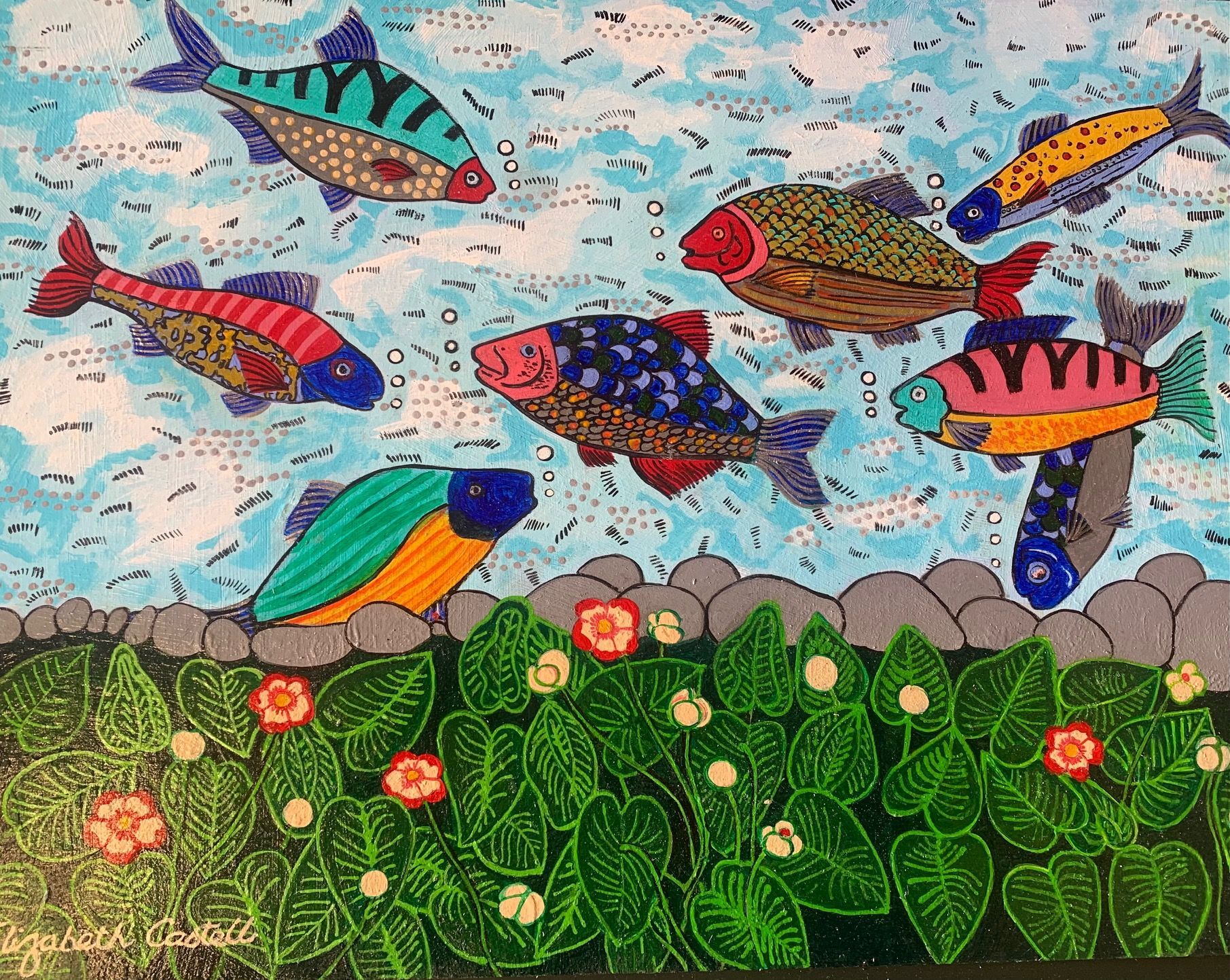 a painting of colorful fish by elizabeth castell