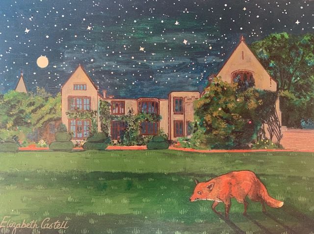 a painting of a fox walking in front of a large house at night .