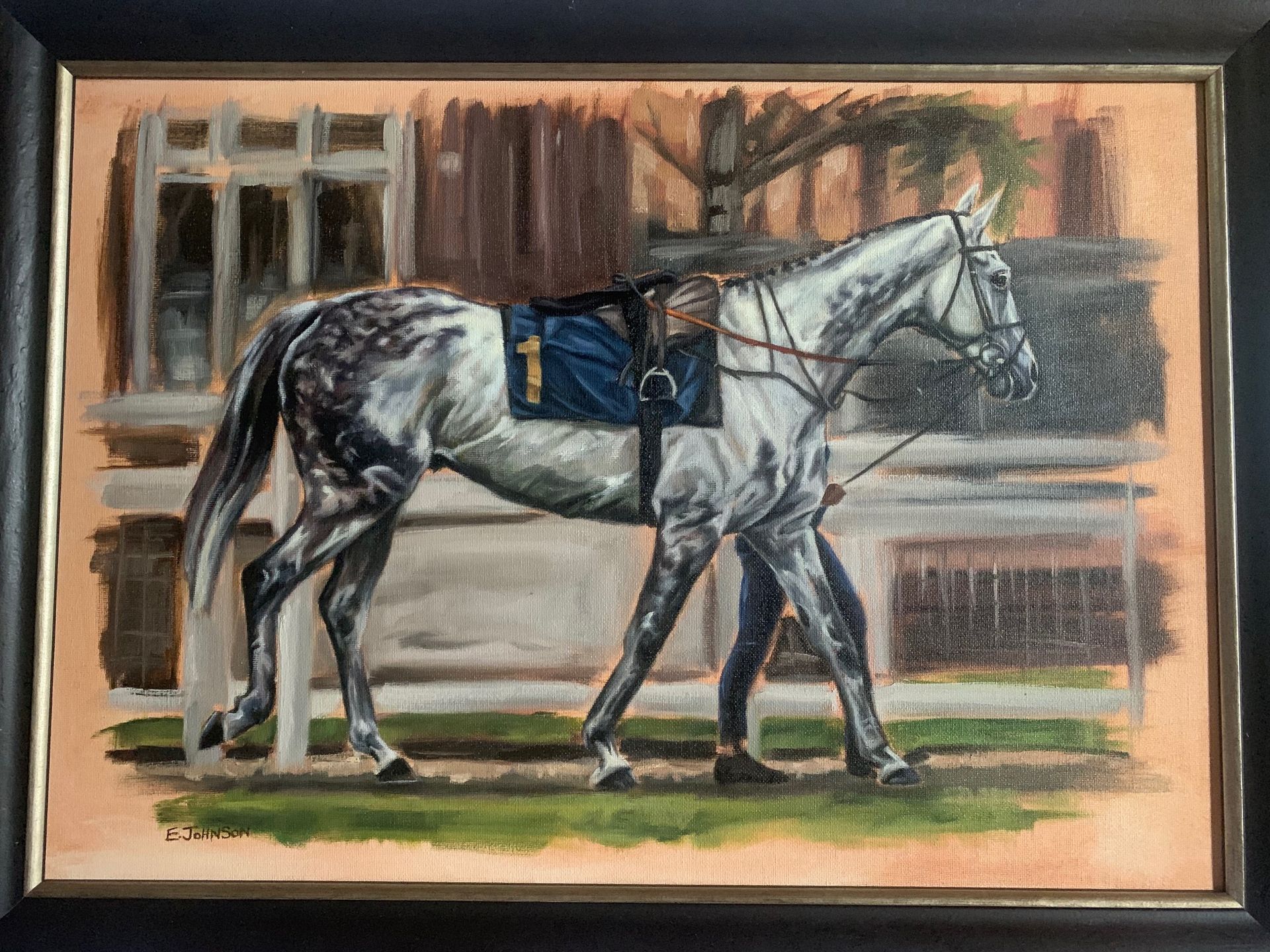 a painting of a gray horse with the number 1 on its saddle