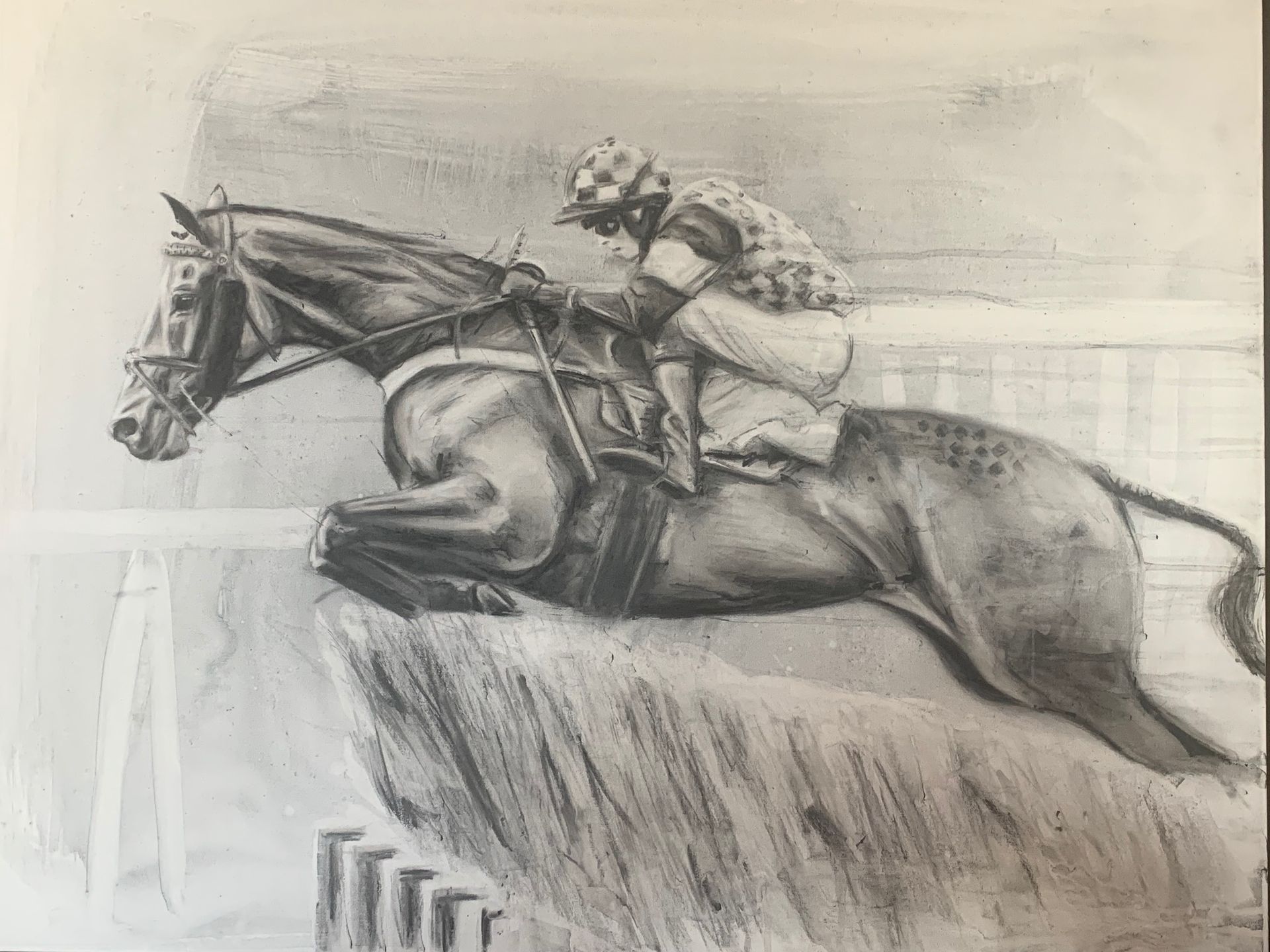 a black and white drawing of a horse and jockey jumping