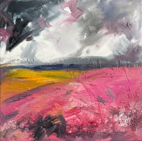 a painting of a pink field with a cloudy sky in the background .