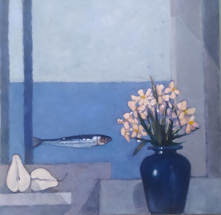 A painting of flowers in a vase with a fish in the background