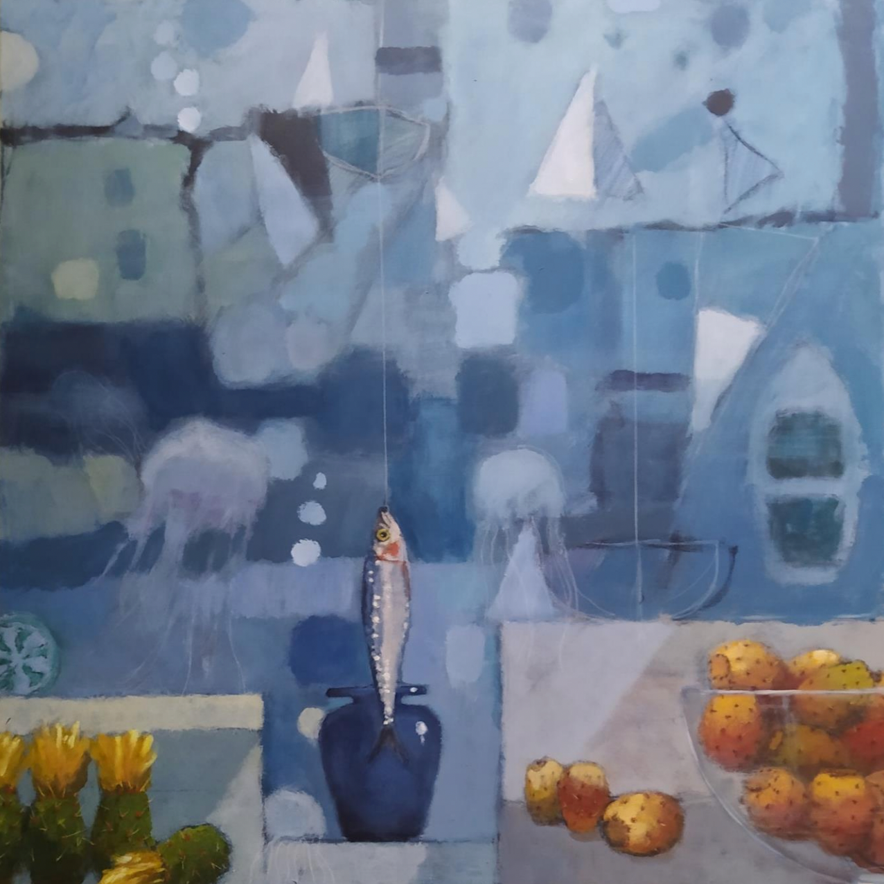 a painting of a fish in a blue vase next to a bowl of fruit