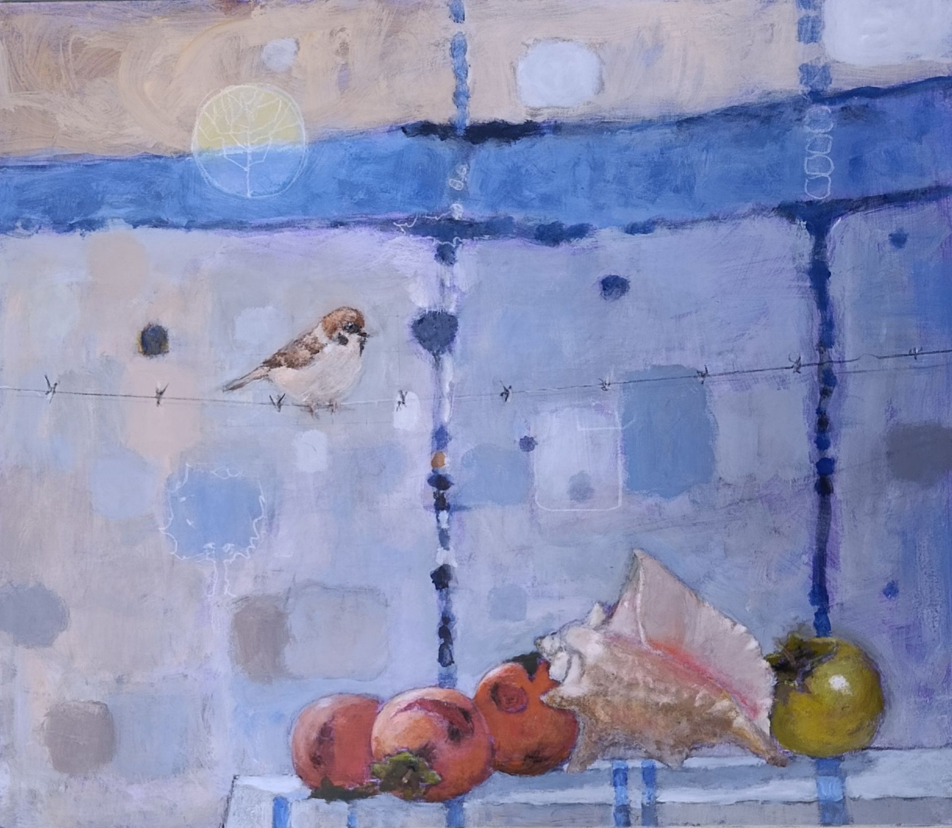 Sparrow perched above fruit and seashell on a checkered surface, blue and beige hues dominate.