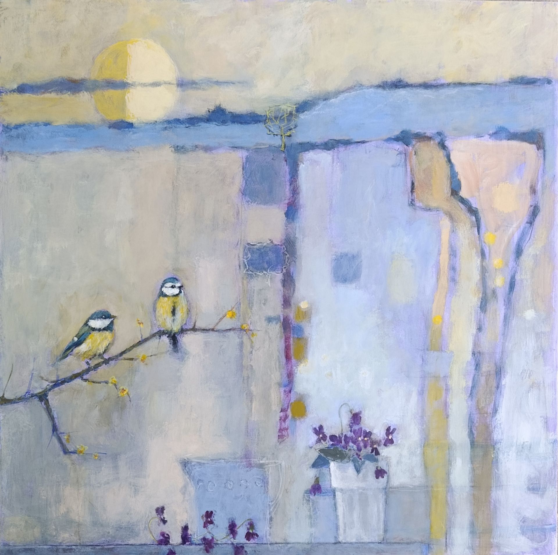 Two blue tits perched on a branch in front of a pale, abstracted landscape with a large sun and flowers.