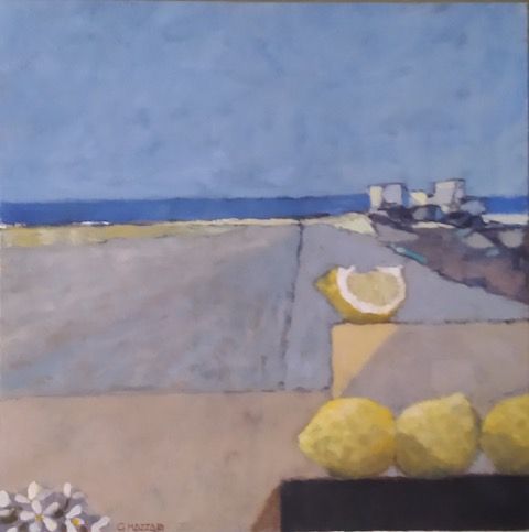 A painting of lemons on a table with a beach in the background