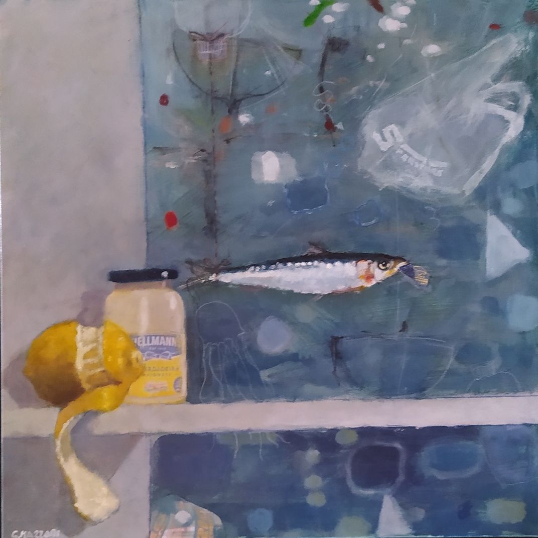A painting of a fish next to a jar of mayonnaise