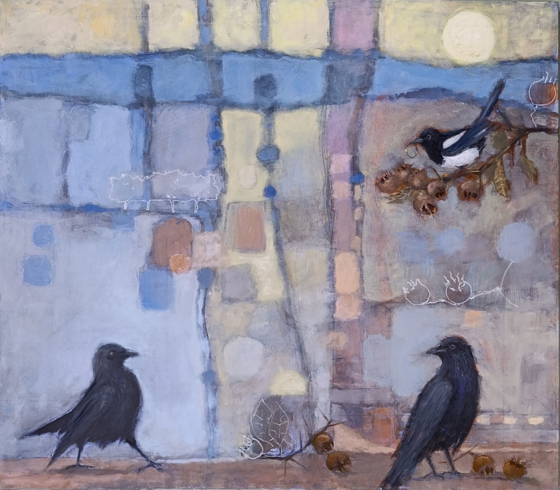 Birds in a painterly style: two black crows, a magpie on a branch, moon, and a blurred background of squares and colors.