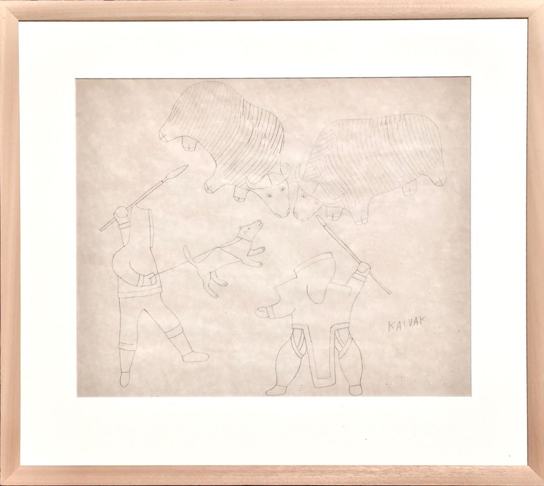 Two figures hunt polar bears with spears, a dog barks, all on a beige background.