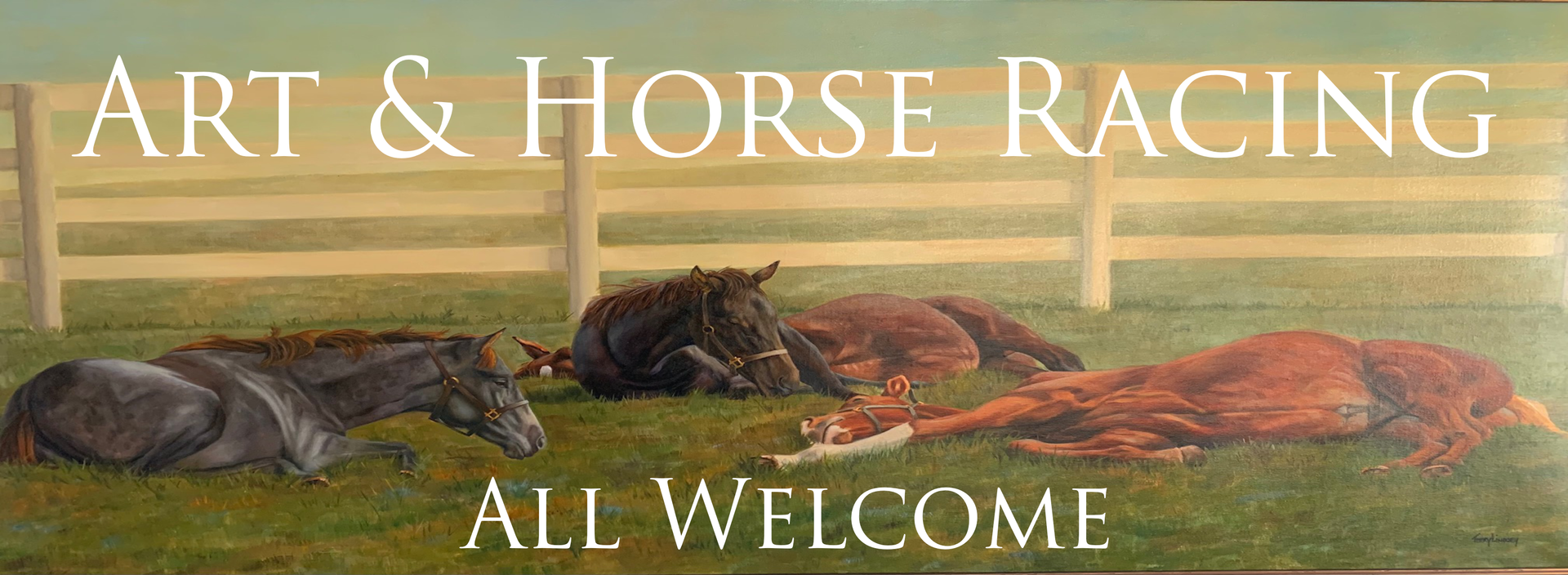 Three horses lying in a field with a fence, text says 