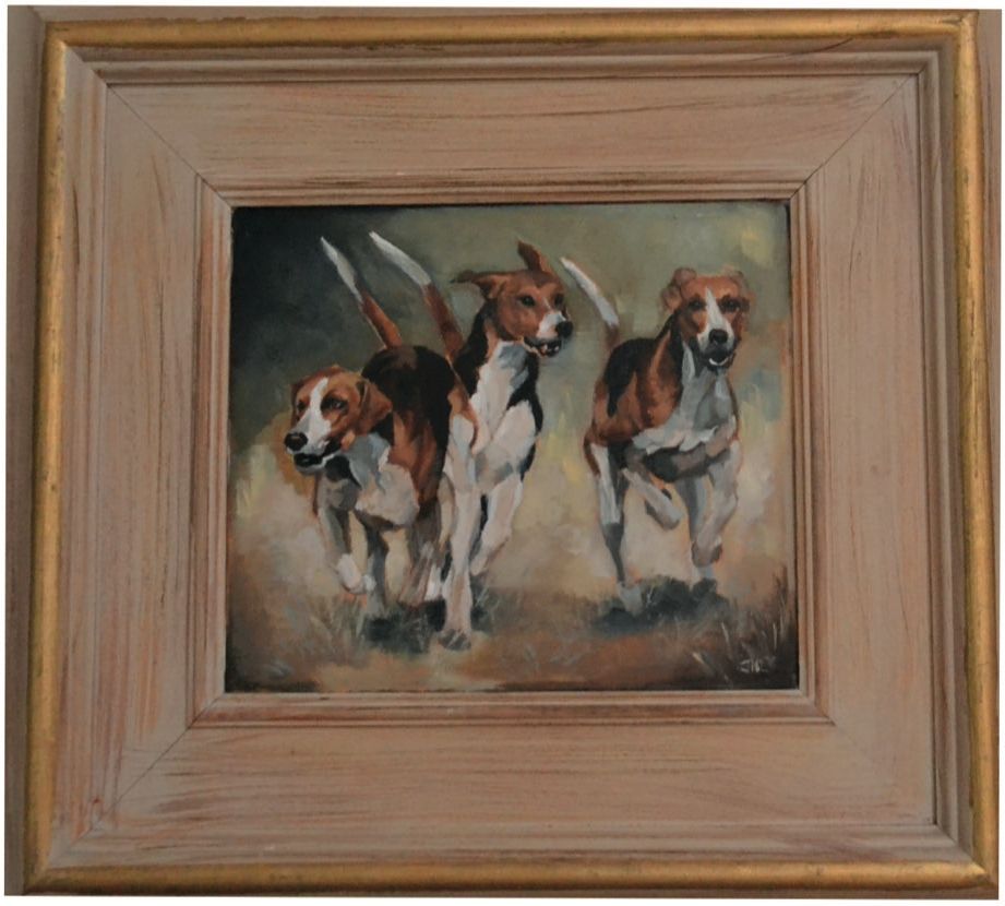 a painting of three hounds in a wooden frame