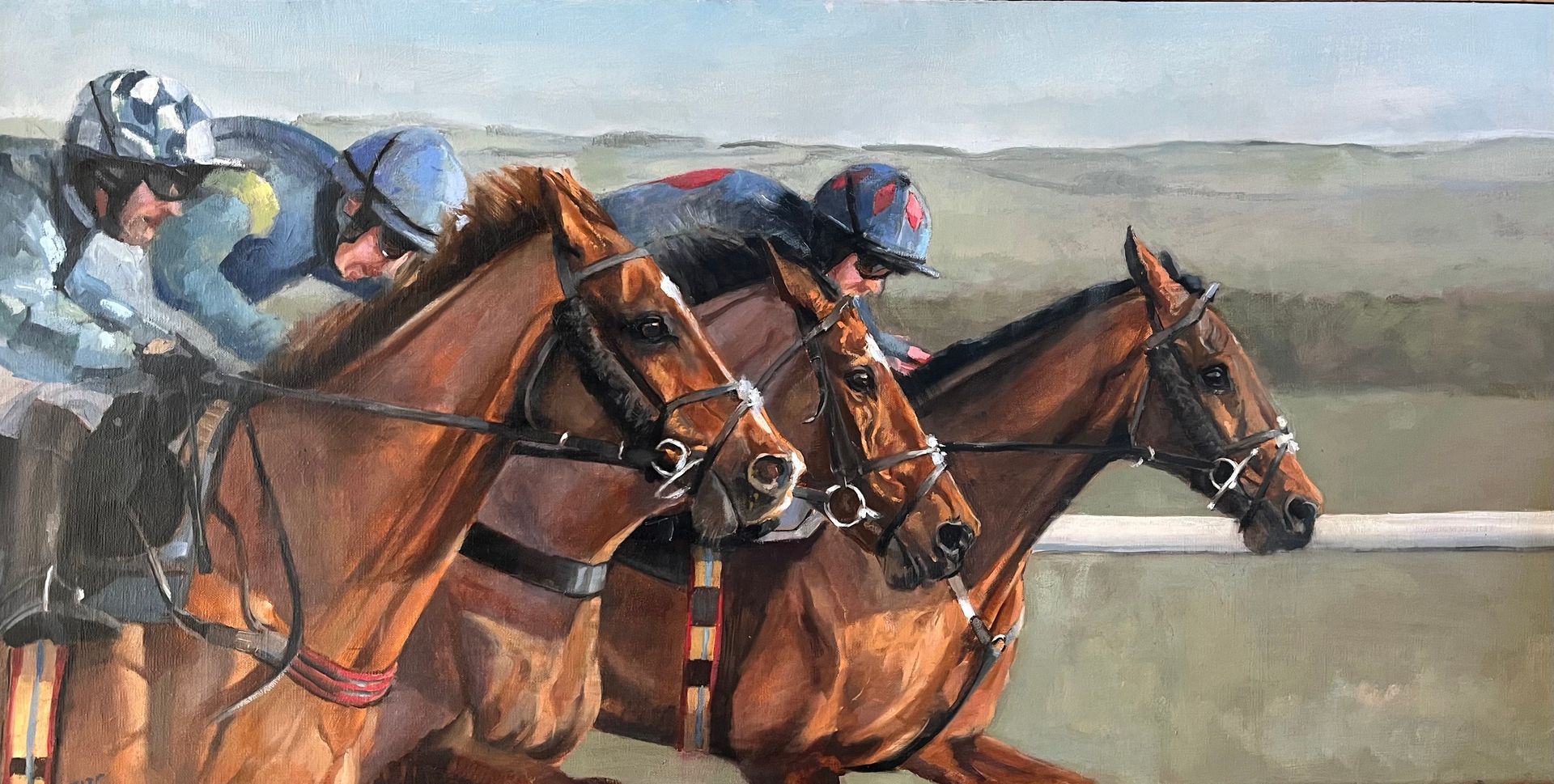 Horses racing, jockeys in colorful silks. Brown horses with focused expressions, green and brown hills in background.