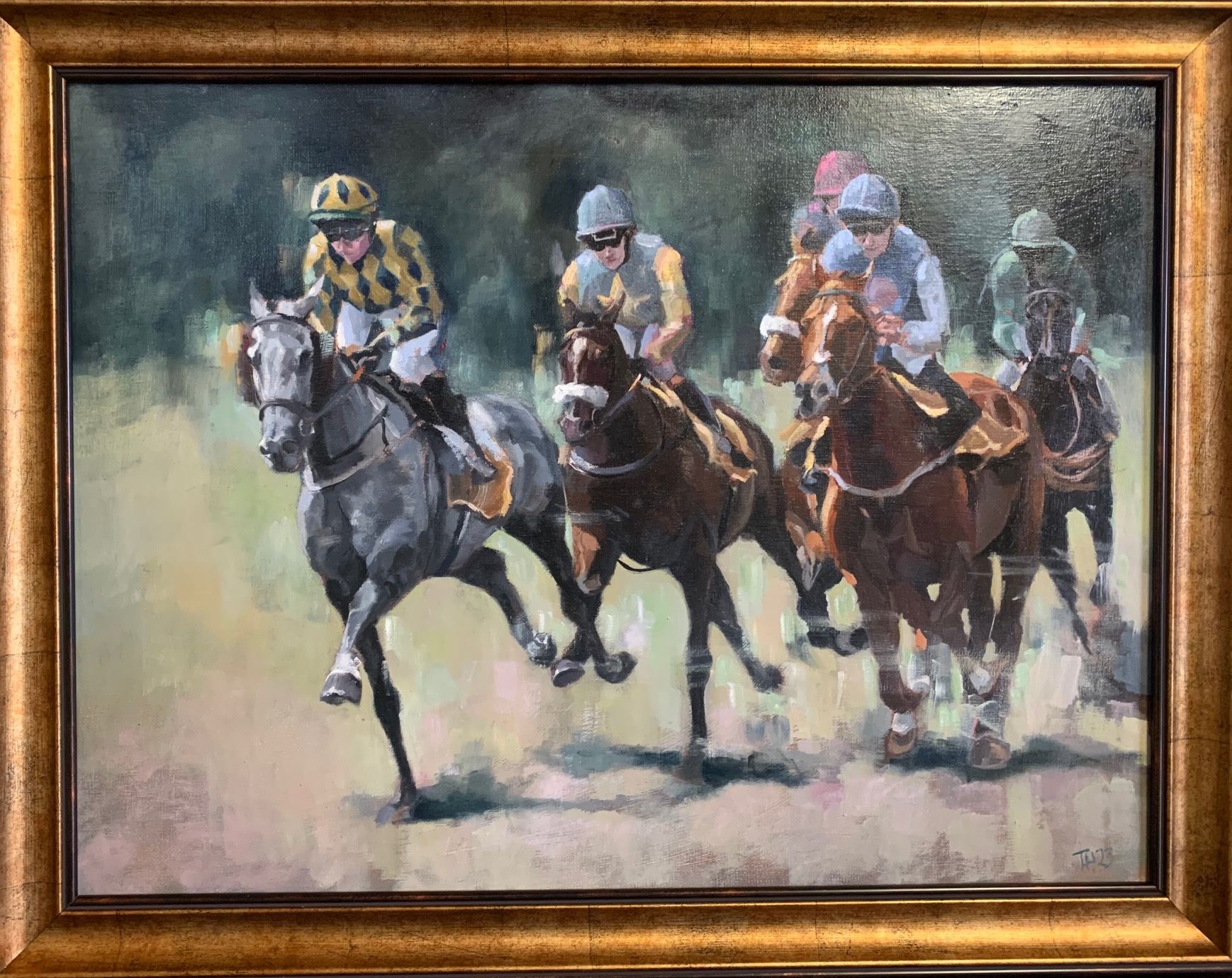 a framed painting of a group of horses and jockeys racing