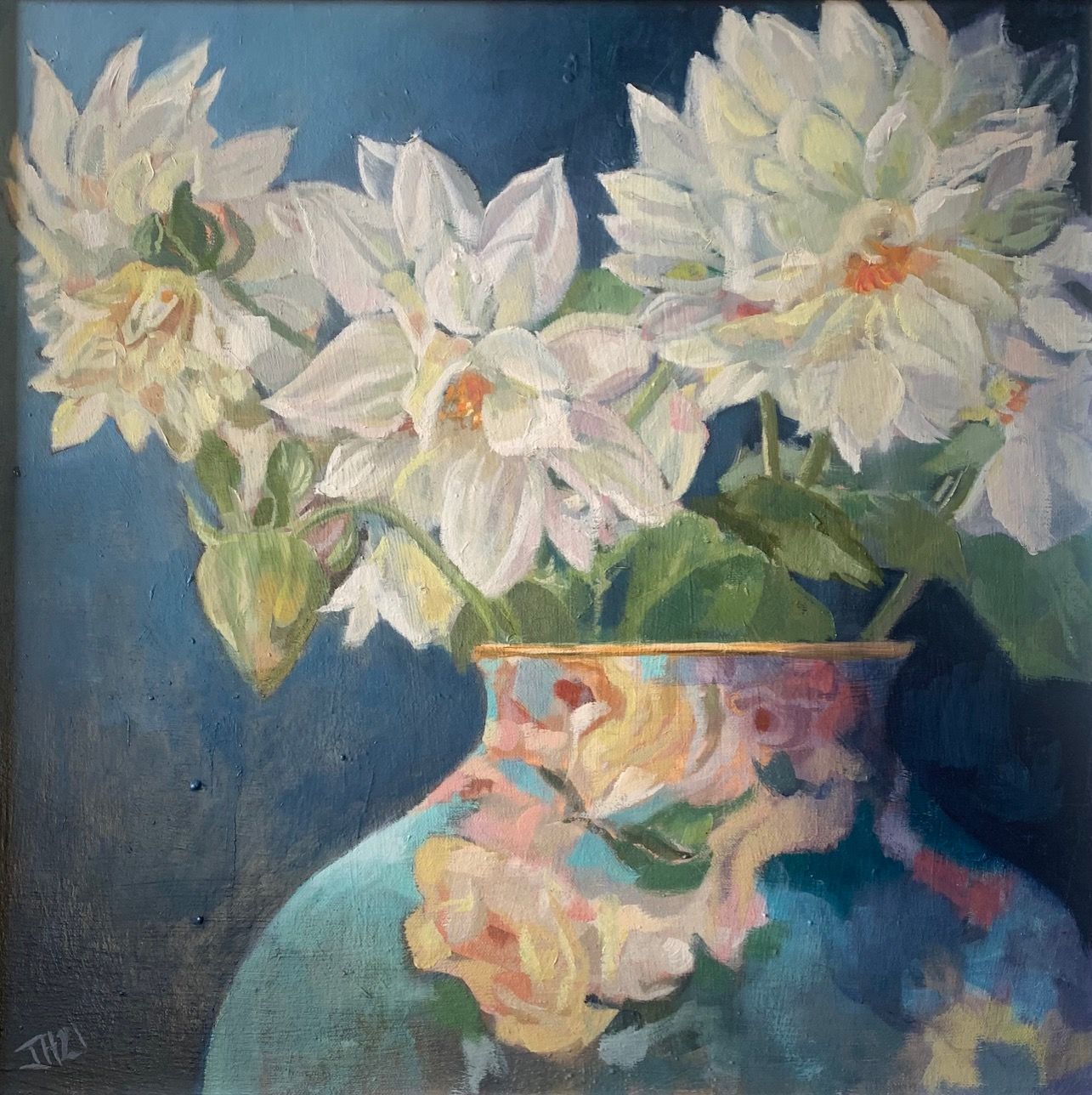 a painting of flowers in a vase