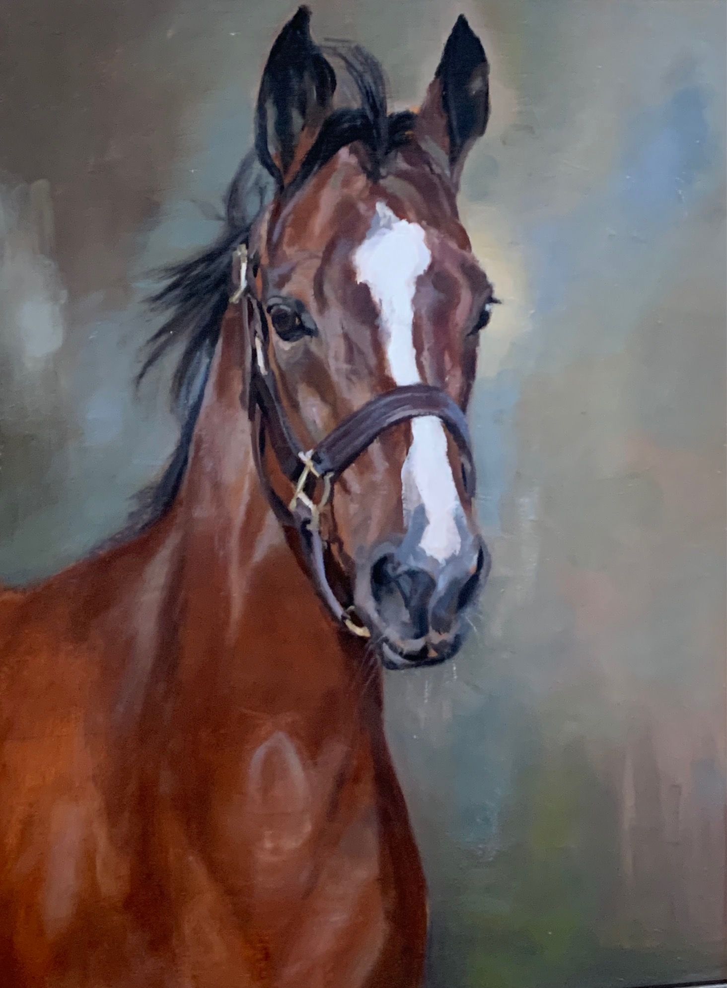 A painting of a brown horse with a white spot on its face.