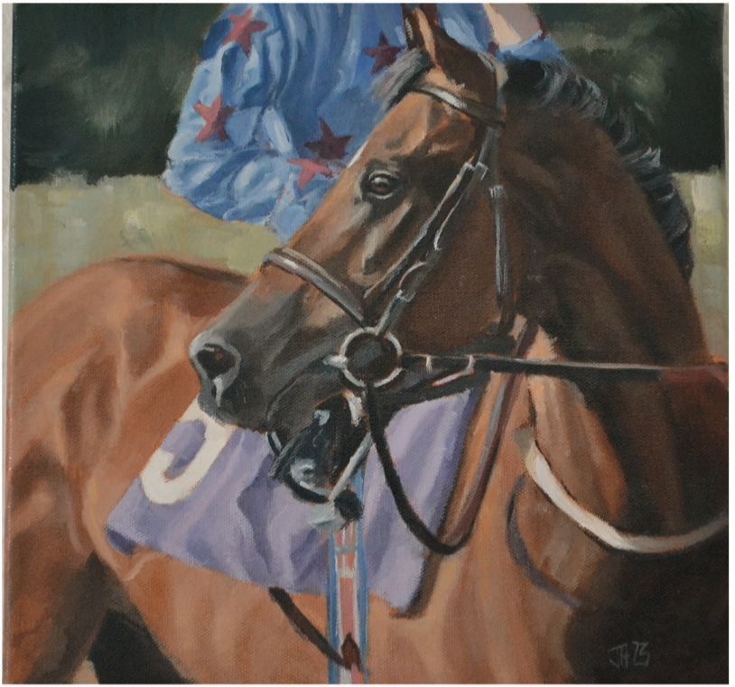a painting of a racehorse with jockey and the number 3