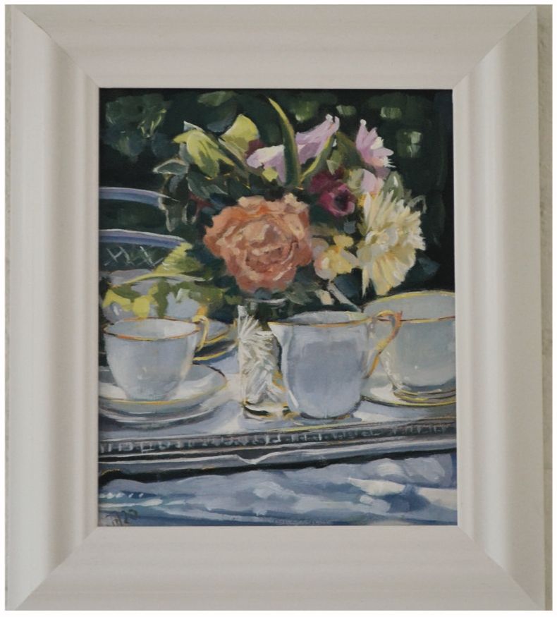 a painting of two cups and saucers with flowers in the background