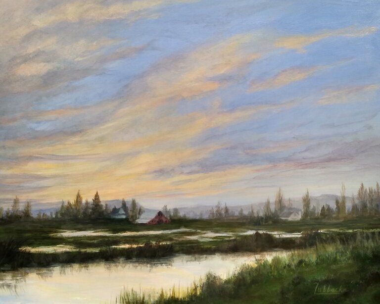 Marsh landscape at sunset with reflective water, soft blues, yellows, and greens.