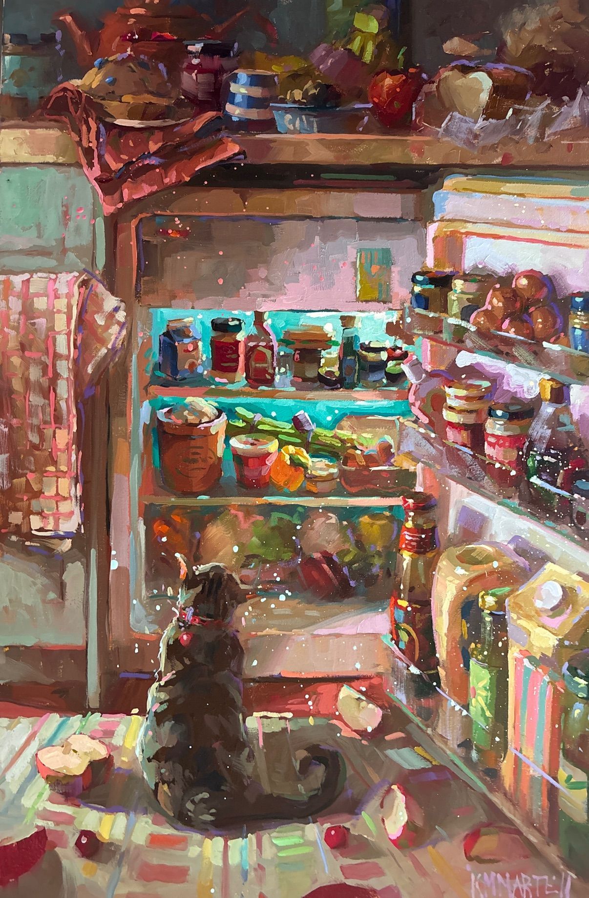 A cat sits before an open refrigerator, looking inside. The fridge is filled with food; apples are scattered.