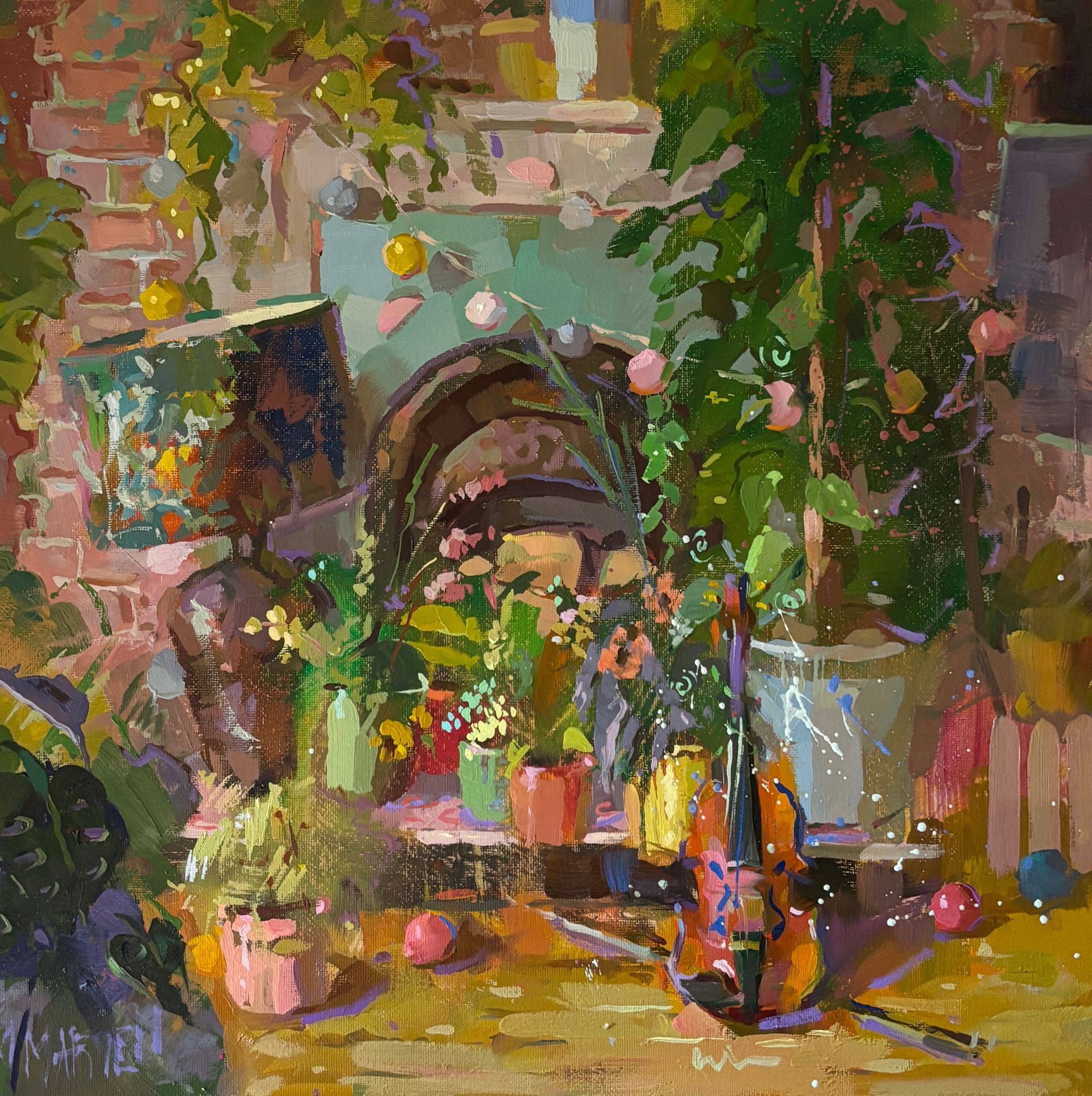 Violin and potted plants in a sunny room, with brick wall, painting, and still-life feel; warm colors.
