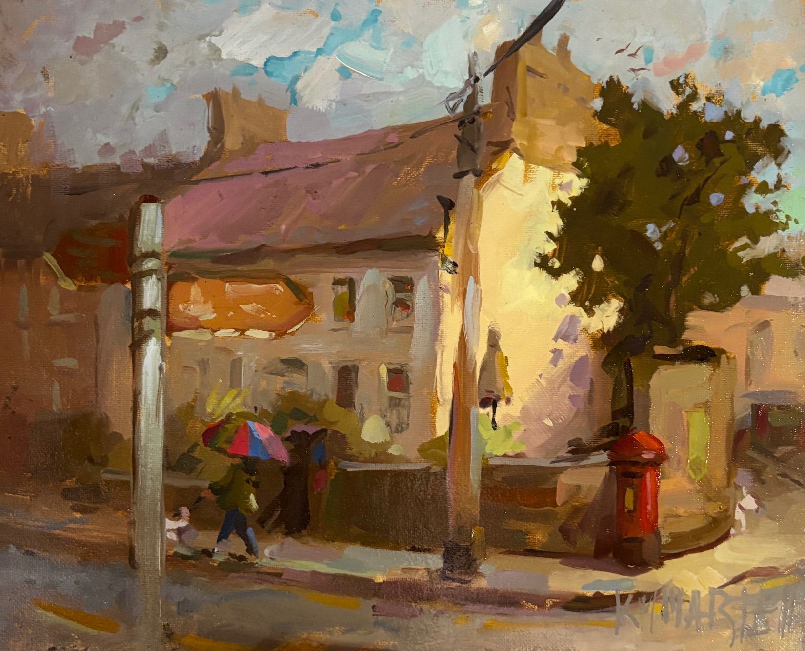 Oil painting of a building, person with umbrella, red postbox on a rainy day.