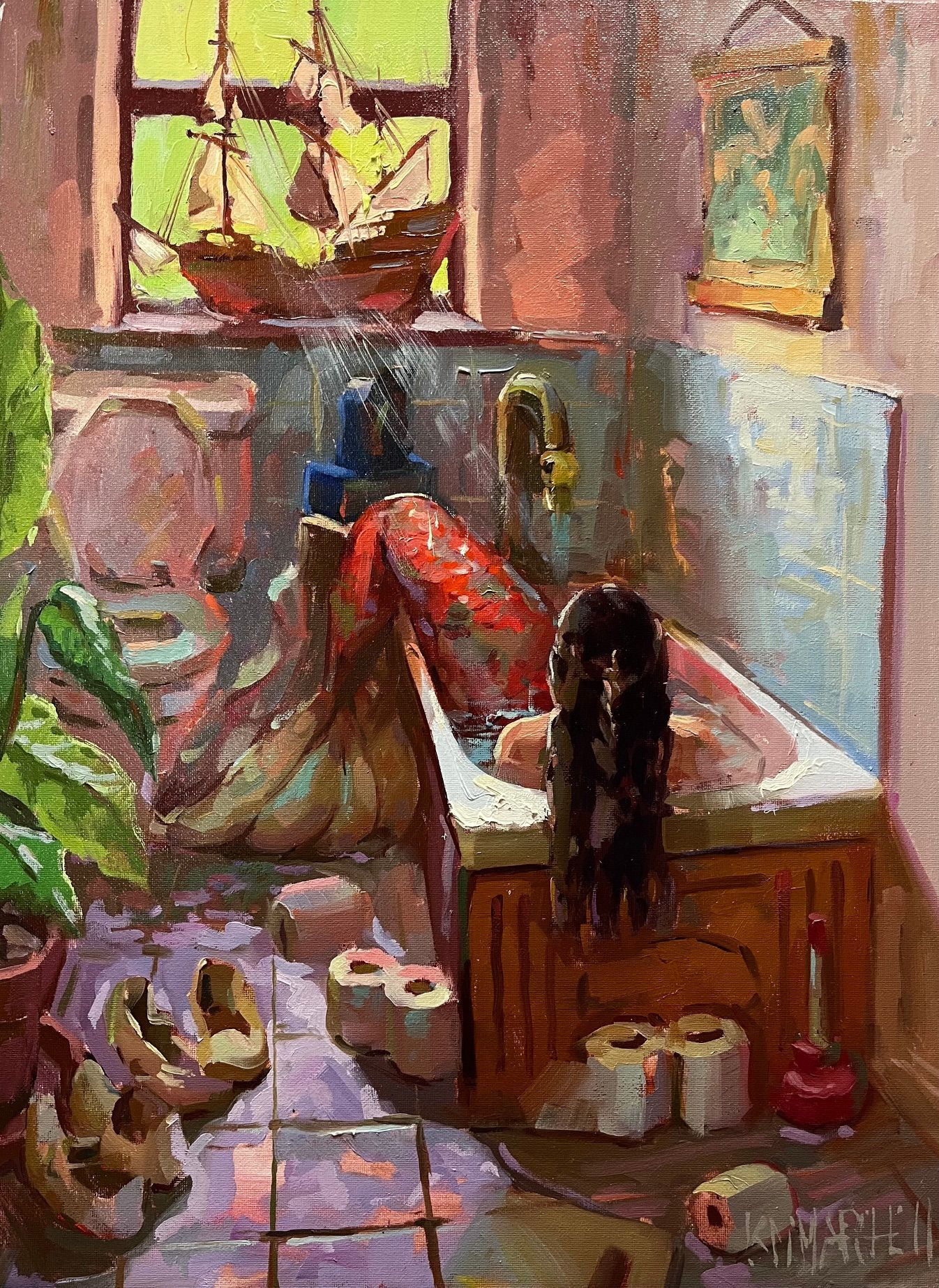 Cat in a colorful kitchen looking out a window over a sink and scattered dishes