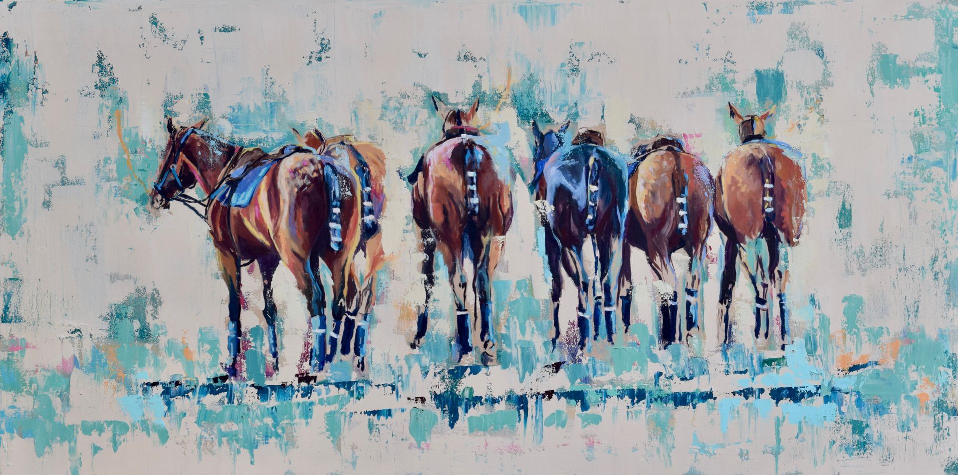 Five Polo horses standing in a field, painted in soft blue, brown, and white tones