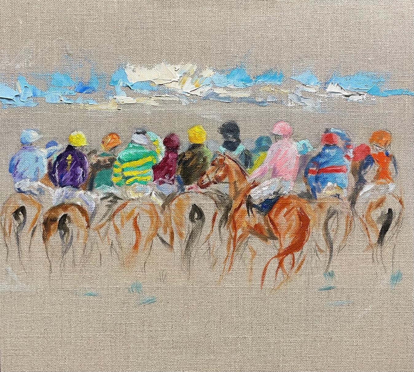 a painting of a group of people riding horses .