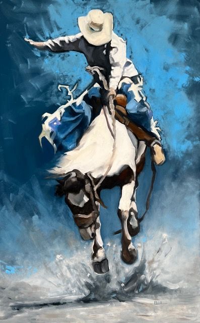 A painting of a cowboy riding a white horse