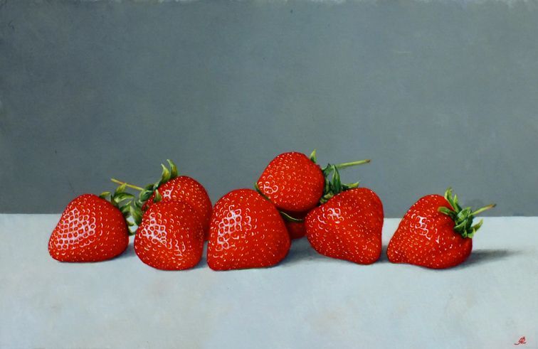 A painting of strawberries lined up in a row on a table.