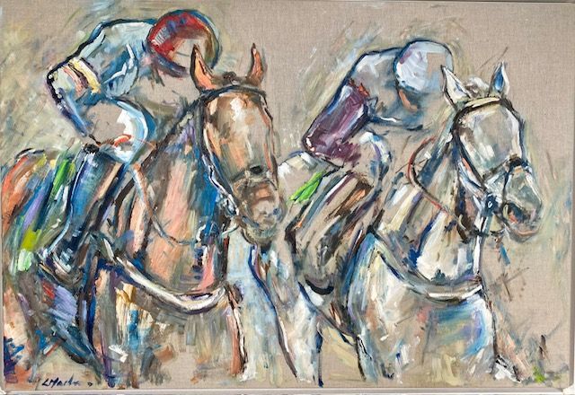 Horses racing, jockeys leaning forward, impressionistic style, earth tones, blues, greens, and reds.