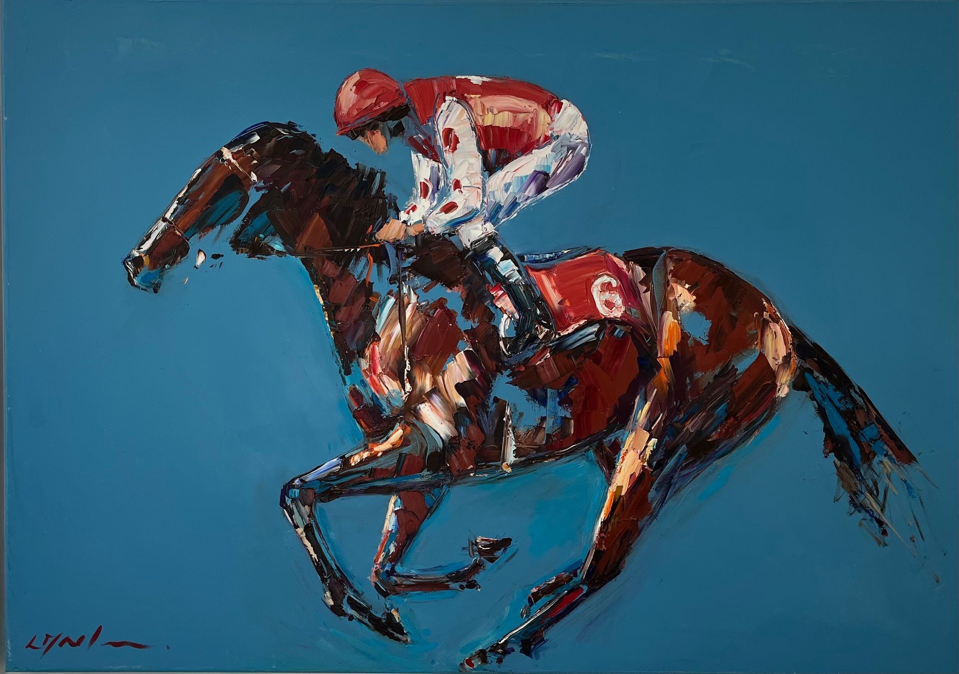 Horse racing painting, a jockey in red and white on a brown horse with number 6, against a blue background.
