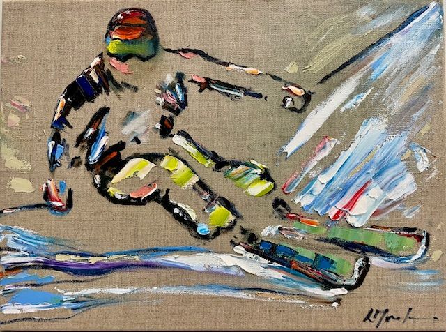 Skier carving down a snowy slope, abstract style with colorful brushstrokes.