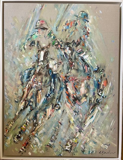 A painting of two men riding horses in a field