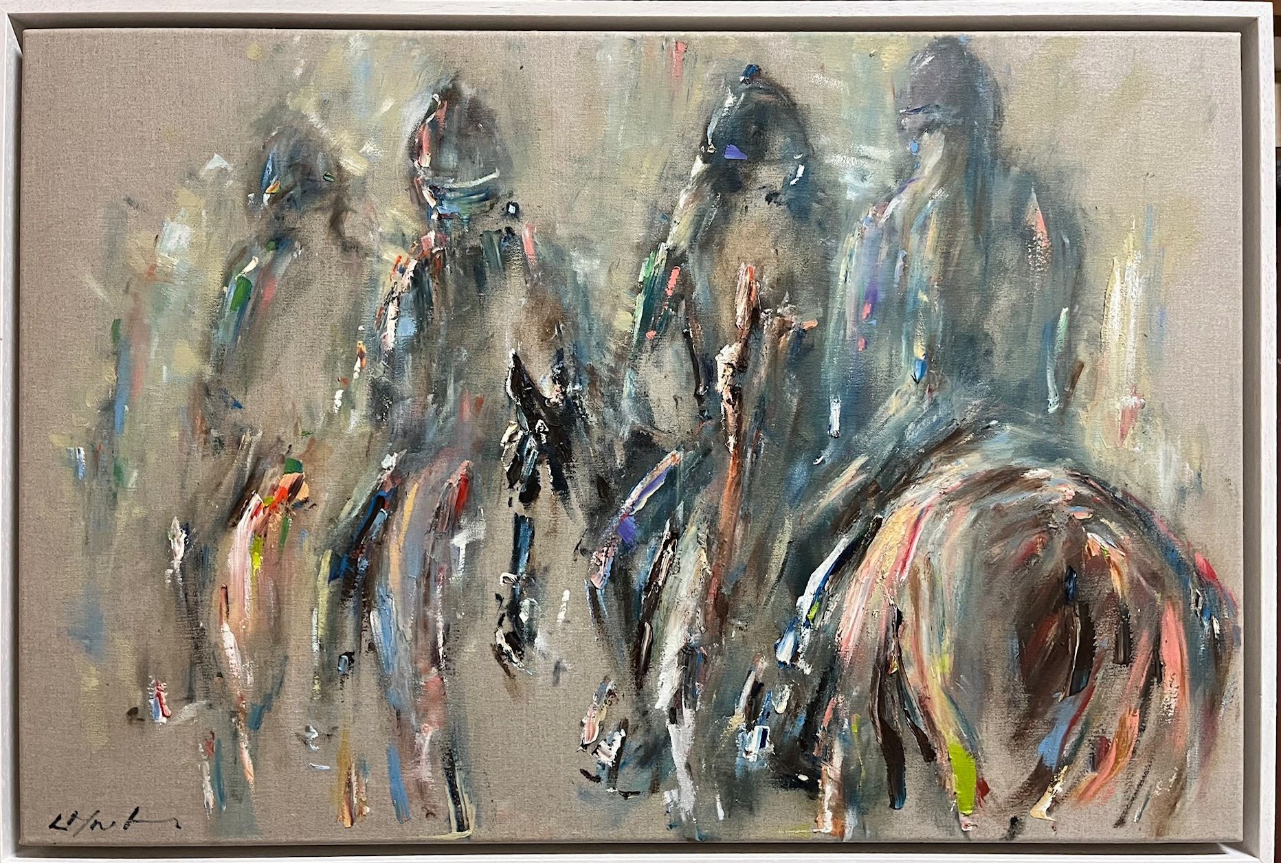 Four figures on horseback, rendered in a muted palette. Brushstrokes create a blurred, impressionistic effect.