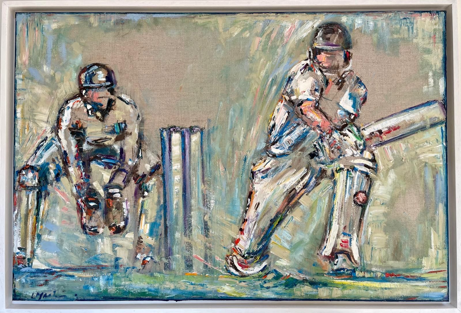 Cricket match painting: Batsman swings, wicketkeeper watches. White, blue, and tan colors.