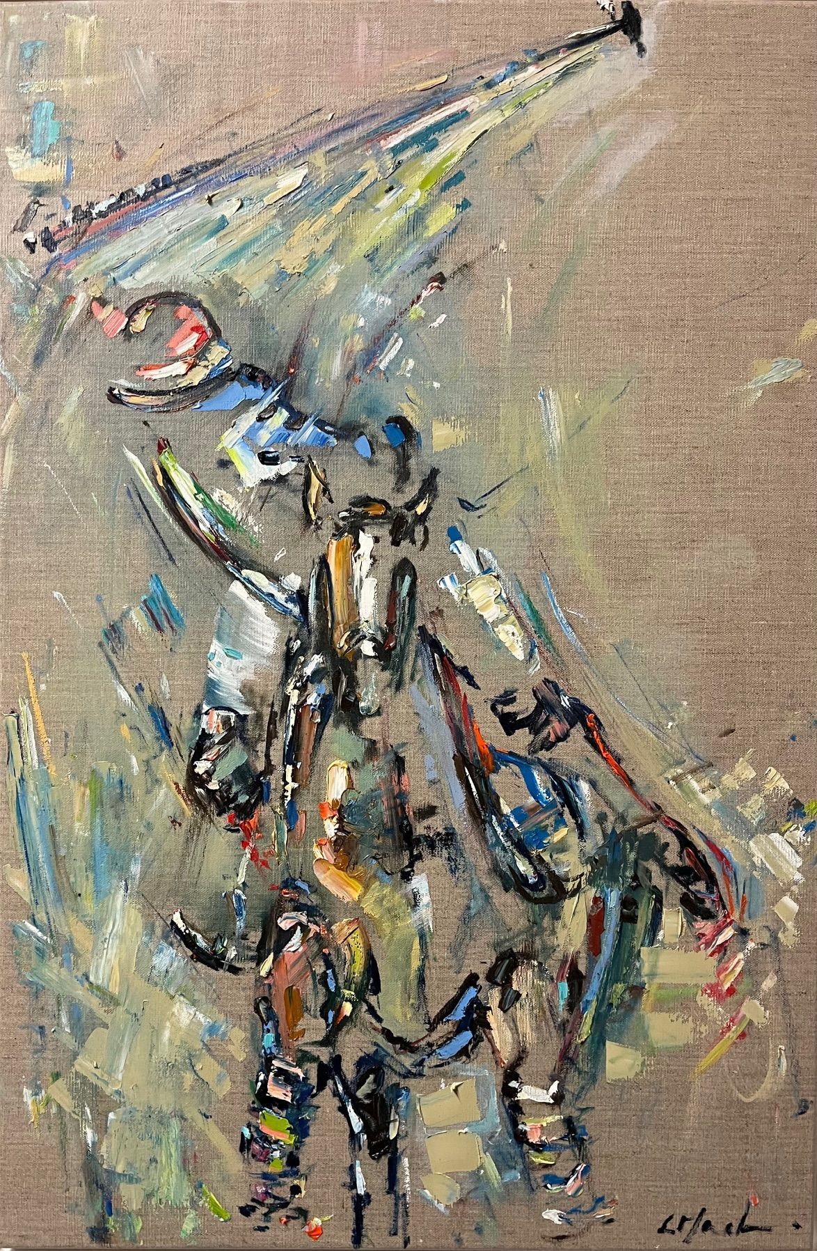Abstract painting of a person in a gas mask, with broad brushstrokes of blue, yellow, and brown against a beige background.