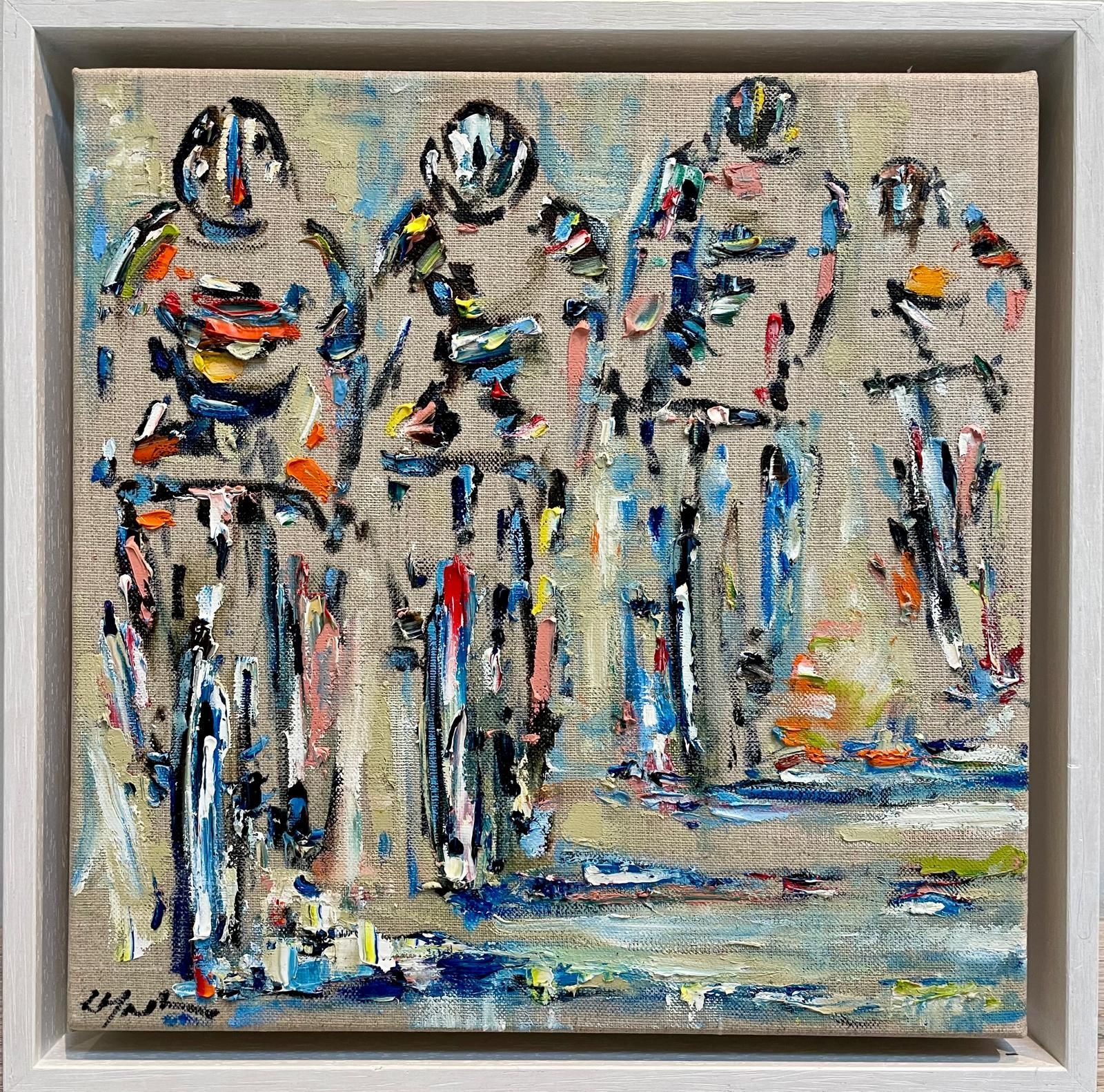 Cyclists in abstract style, colorful strokes. Riders blurred on bikes, some with helmets, on a road.
