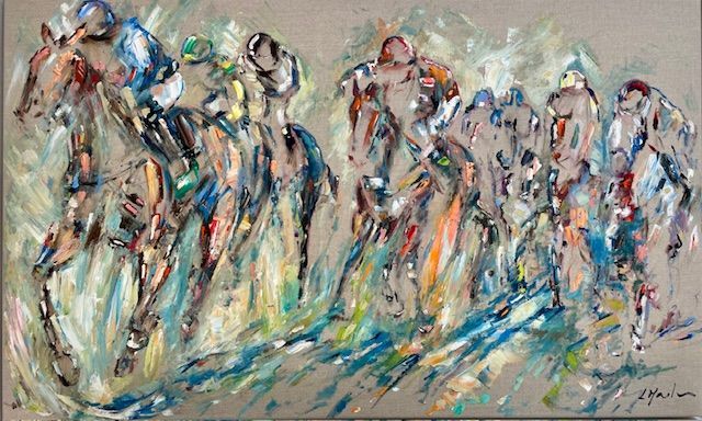 Racehorses and jockeys racing, abstract brushstrokes in shades of blue, brown, and beige.
