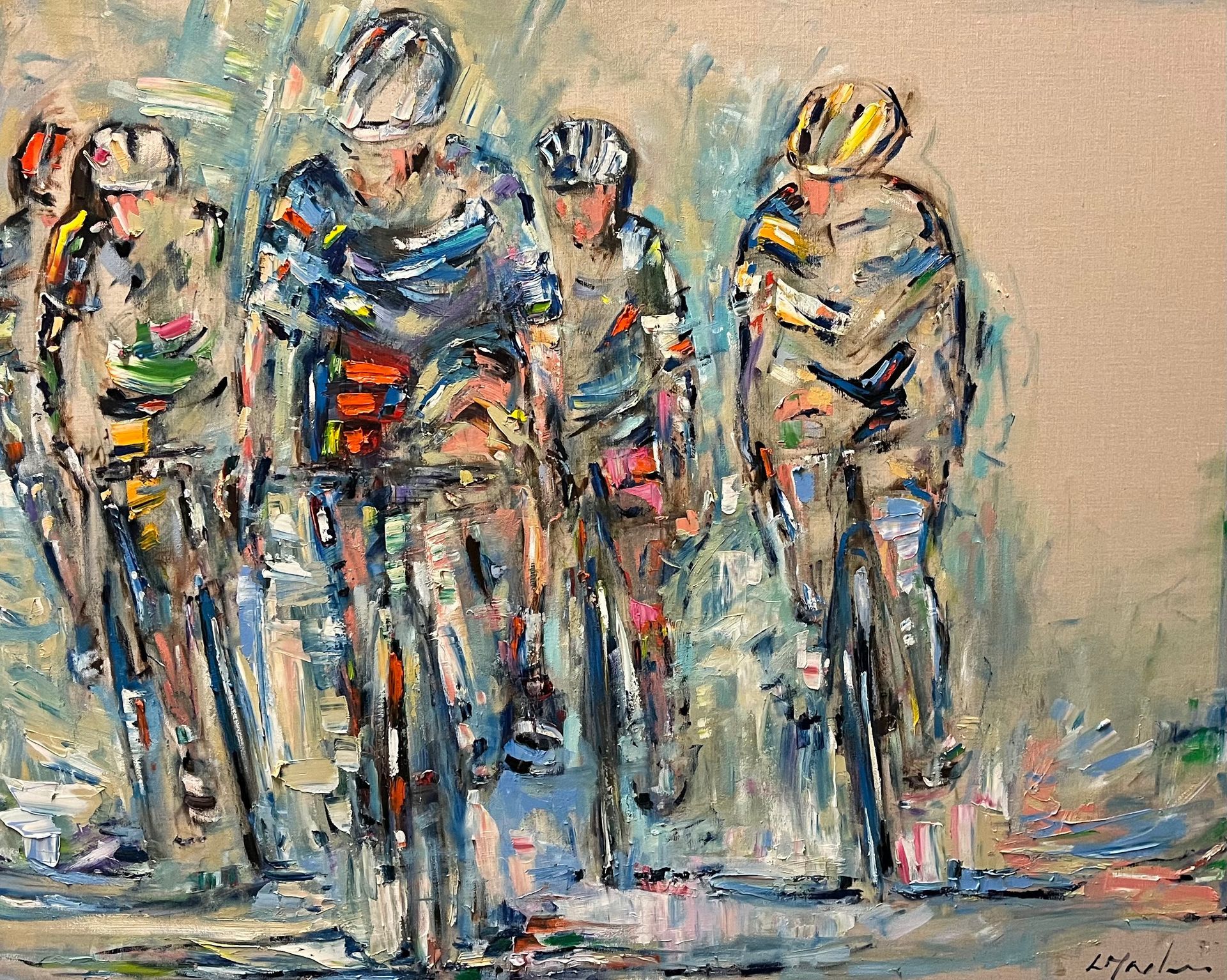 Cyclists racing, impressionistic painting with colorful jerseys, on a road with light colors, helmets.