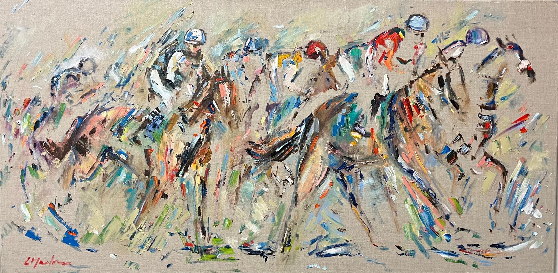 Abstract painting of a horse race in progress; jockeys on horses, blurred movement, muted colors.