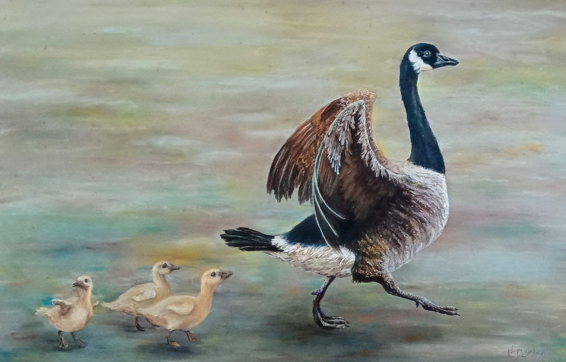 a painting of a goose and three ducklings