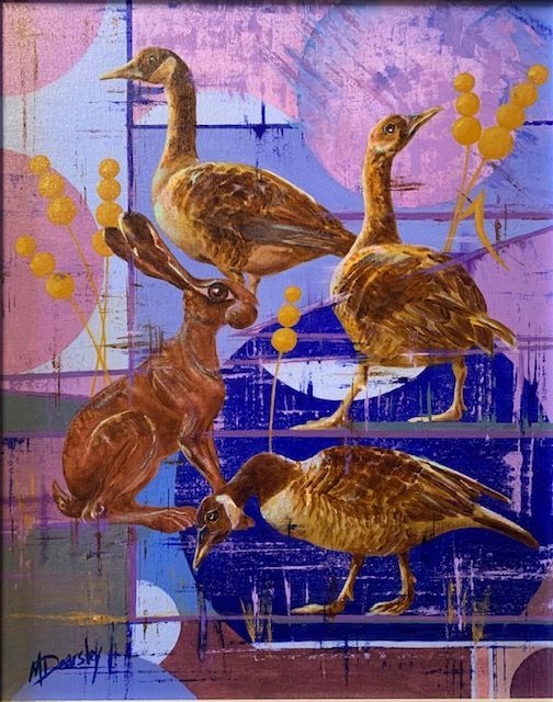 Four birds and a rabbit on a blue, purple, and pink background. The rabbit is brown, birds are tan with yellow accents.